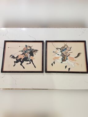 VTG Japanese Samurai Warrior Silk Paintings Pair of Mounted Archers Horseback